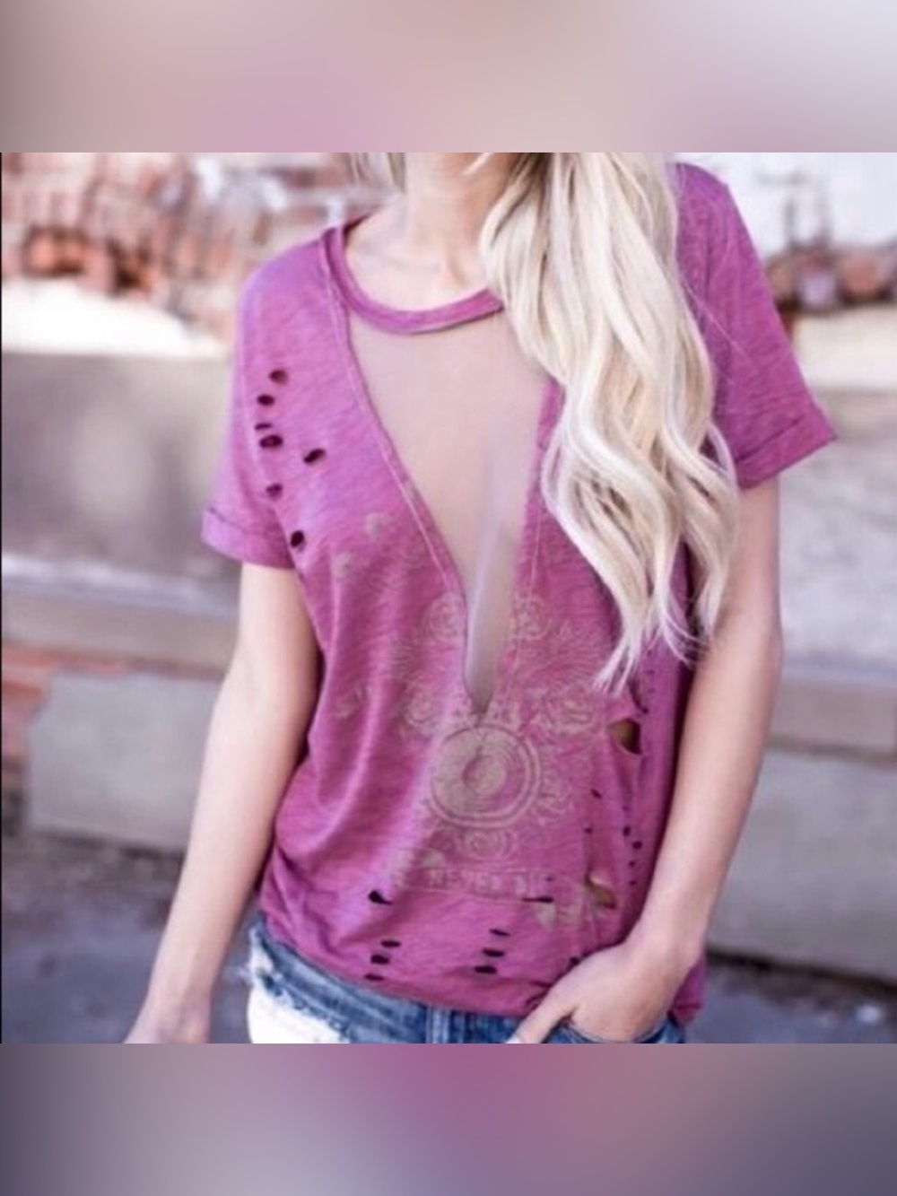 Emory Park Sz M Mesh Distressed Tee Shirt Boho Grunge